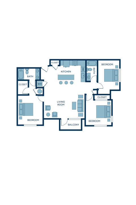 Floor plan for 3 beds, 2 baths, 1374 sqft